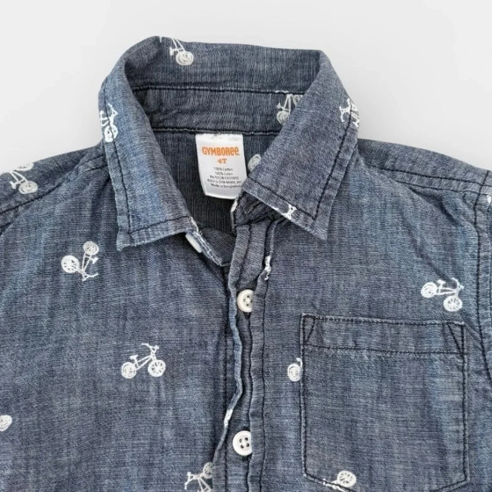 Gymboree Shirt Boys Size 4T Blue Chambray Bicycle 100% Cotton Long Sleeve Button